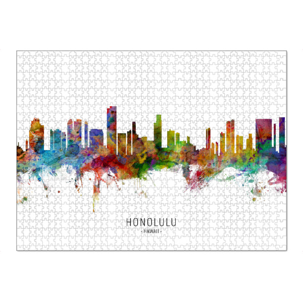 Puzzle Ravensburger "Honolulu Hawaii Skyline txt" artboxONE - Städte - Honolulu,Hawaii,Skyline,Cityscape,Stadtbild,Watercolor,Painting