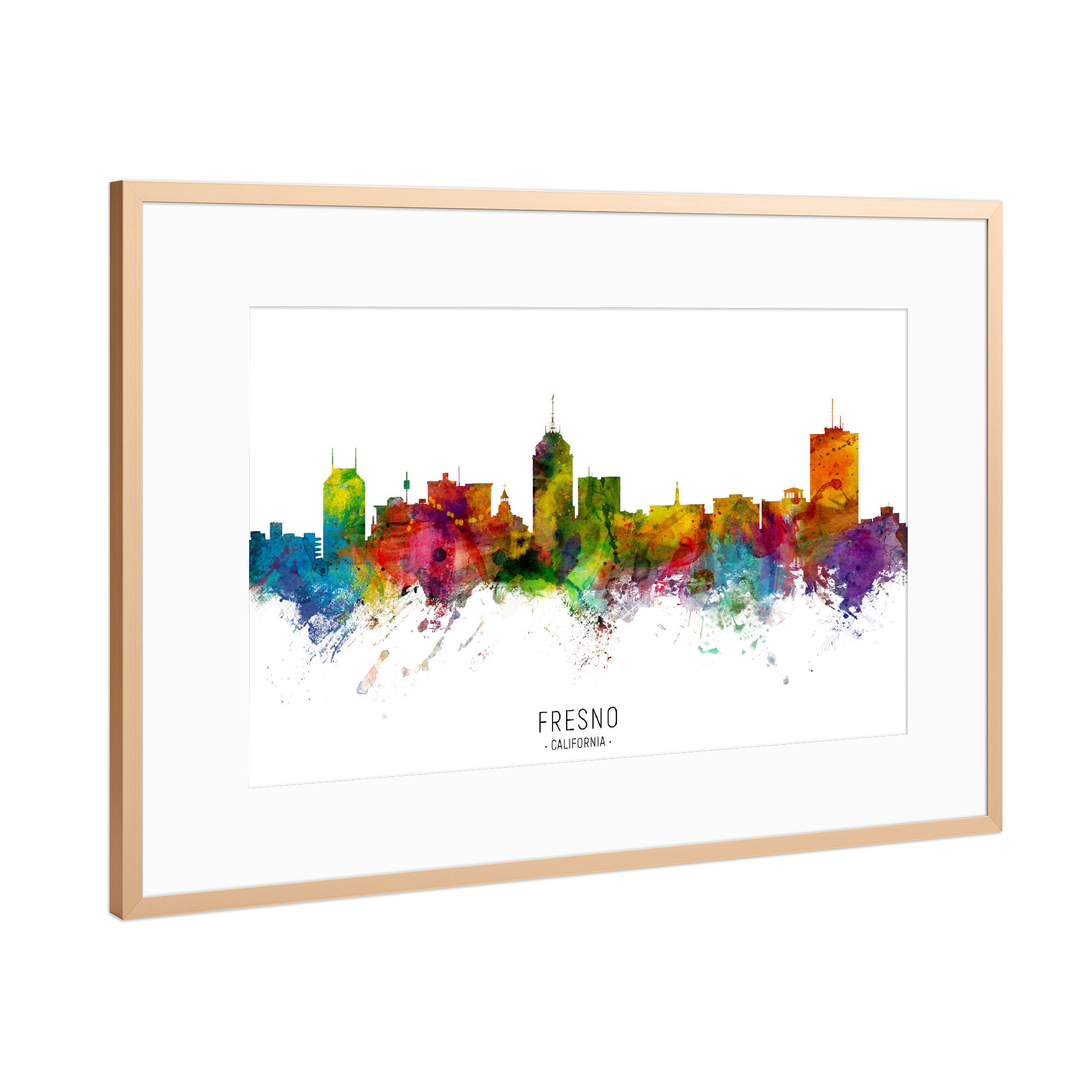 Poster mit Rahmen Kupfer "Fresno California Skyline txt" artboxONE - Städte - Fresno,California,Skyline,Cityscape,Stadtbild,Watercolor,Painting