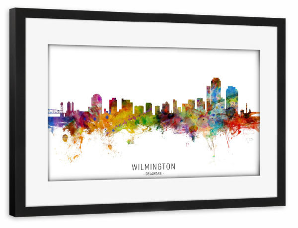 Poster mit Rahmen schwarz "Wilmington Delaware Skyline txt" artboxONE - Städte - Wilmington,Delaware,Skyline,Cityscape,Stadtbild,Watercolor,Painting