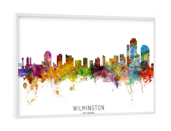 Poster mit weißem Rahmen "Wilmington Delaware Skyline txt" artboxONE - Städte - Wilmington,Delaware,Skyline,Cityscape,Stadtbild,Watercolor,Painting