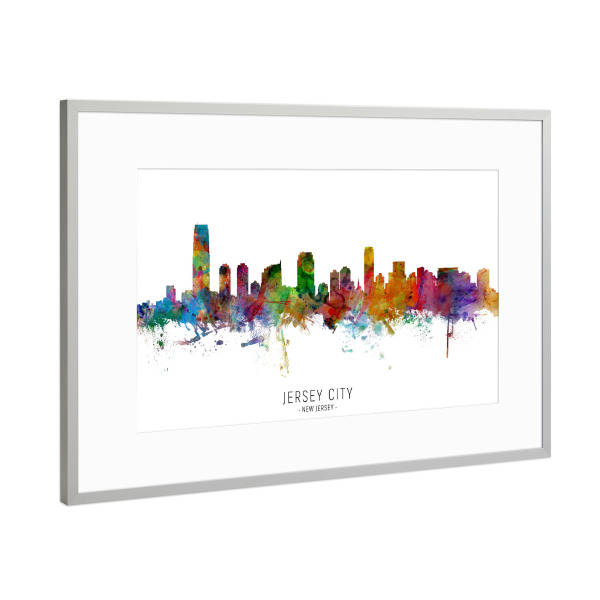Poster mit Rahmen Silber "Jersey City New Jersey Skyline txt" artboxONE - Städte