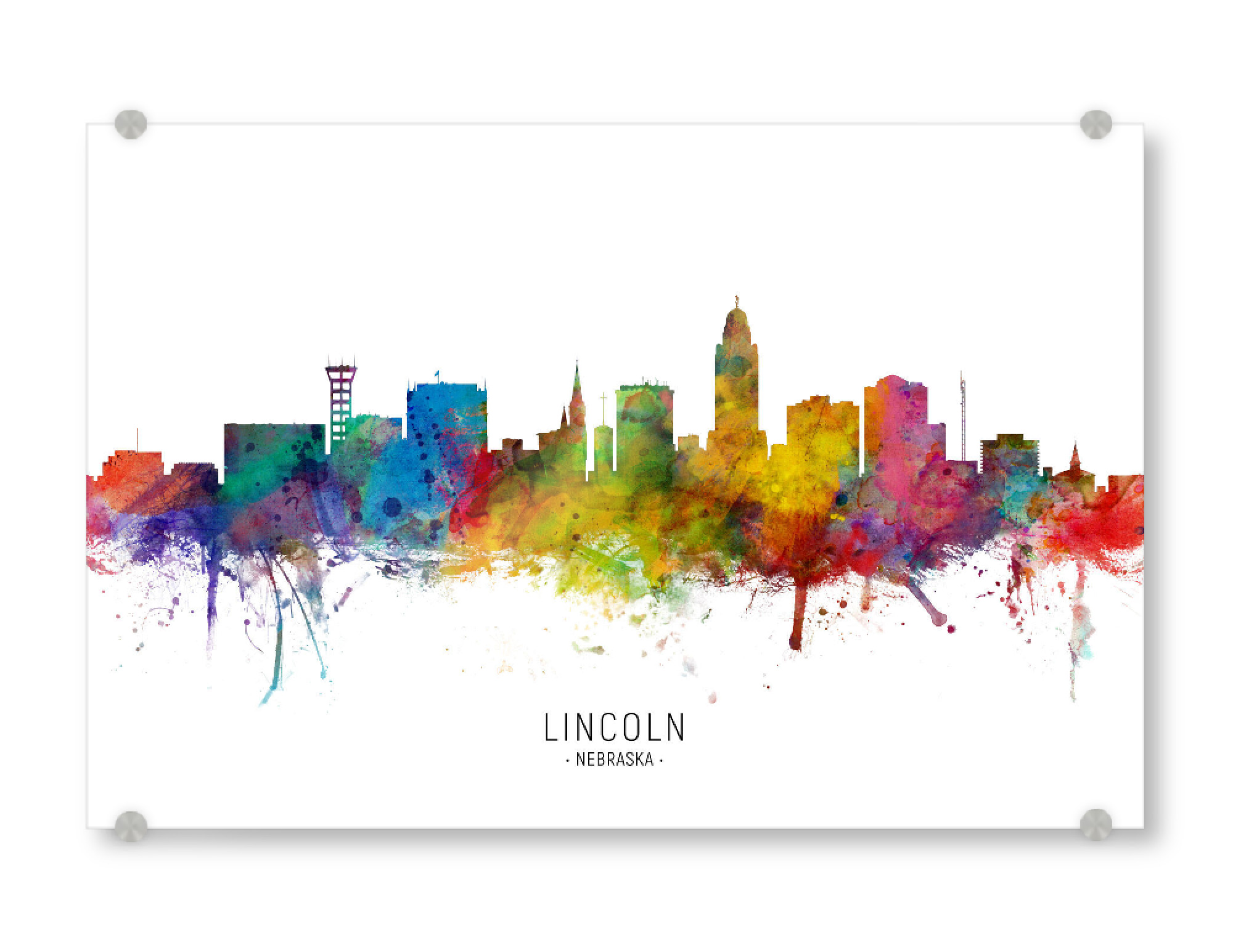 Acrylglasbild "Lincoln Nebraska Skyline txt" artboxONE - Städte - Lincoln,Nebraska,Skyline,Cityscape,Stadtbild,Watercolor,Painting