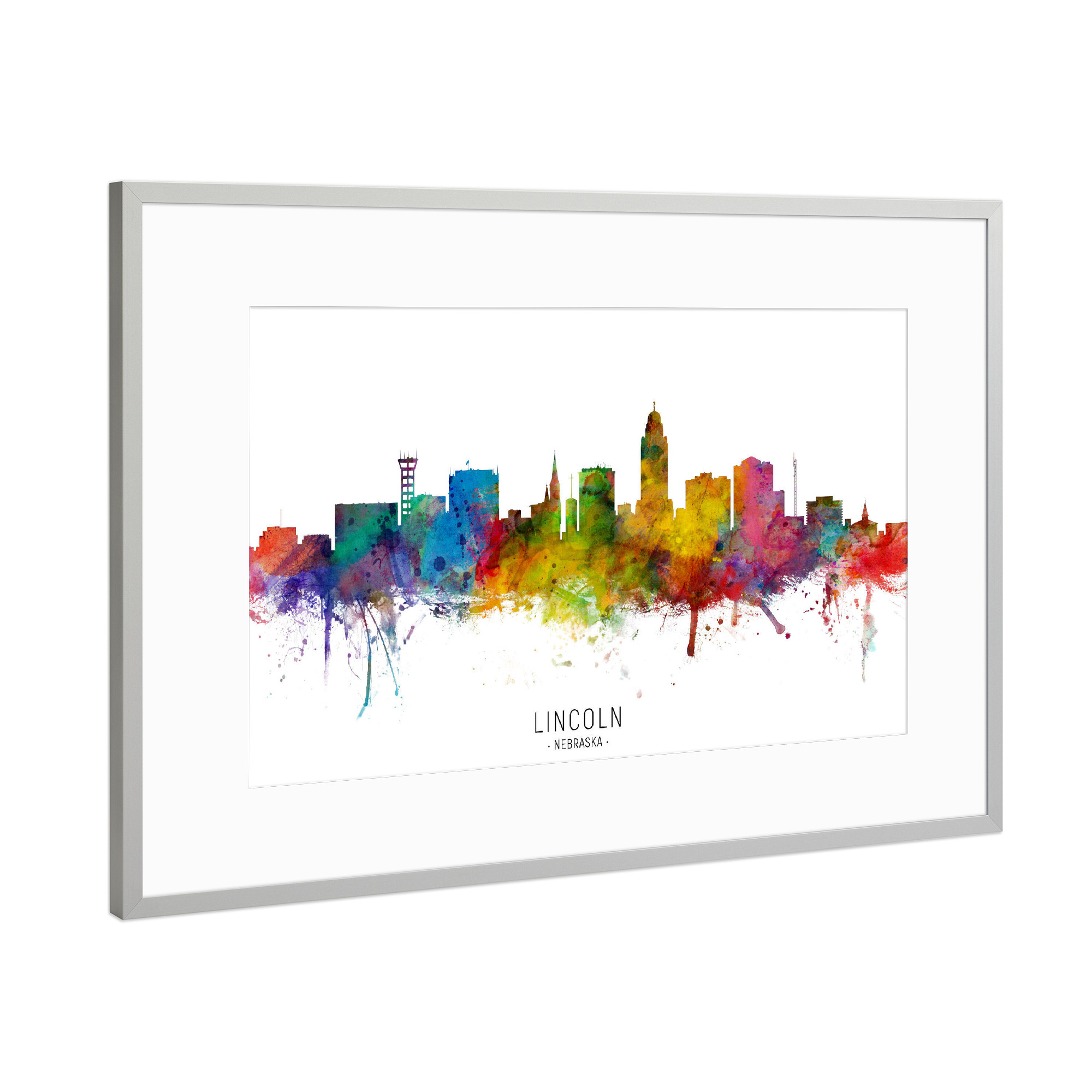 Poster mit Rahmen Silber "Lincoln Nebraska Skyline txt" artboxONE - Städte - Lincoln,Nebraska,Skyline,Cityscape,Stadtbild,Watercolor,Painting