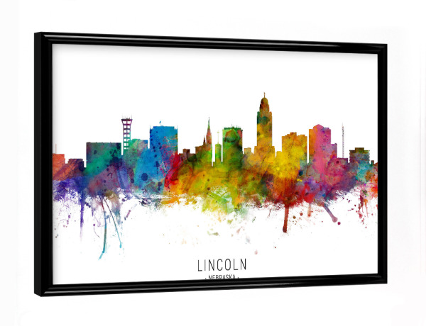 Poster mit schwarzem Rahmen "Lincoln Nebraska Skyline txt" artboxONE - Städte - Lincoln,Nebraska,Skyline,Cityscape,Stadtbild,Watercolor,Painting