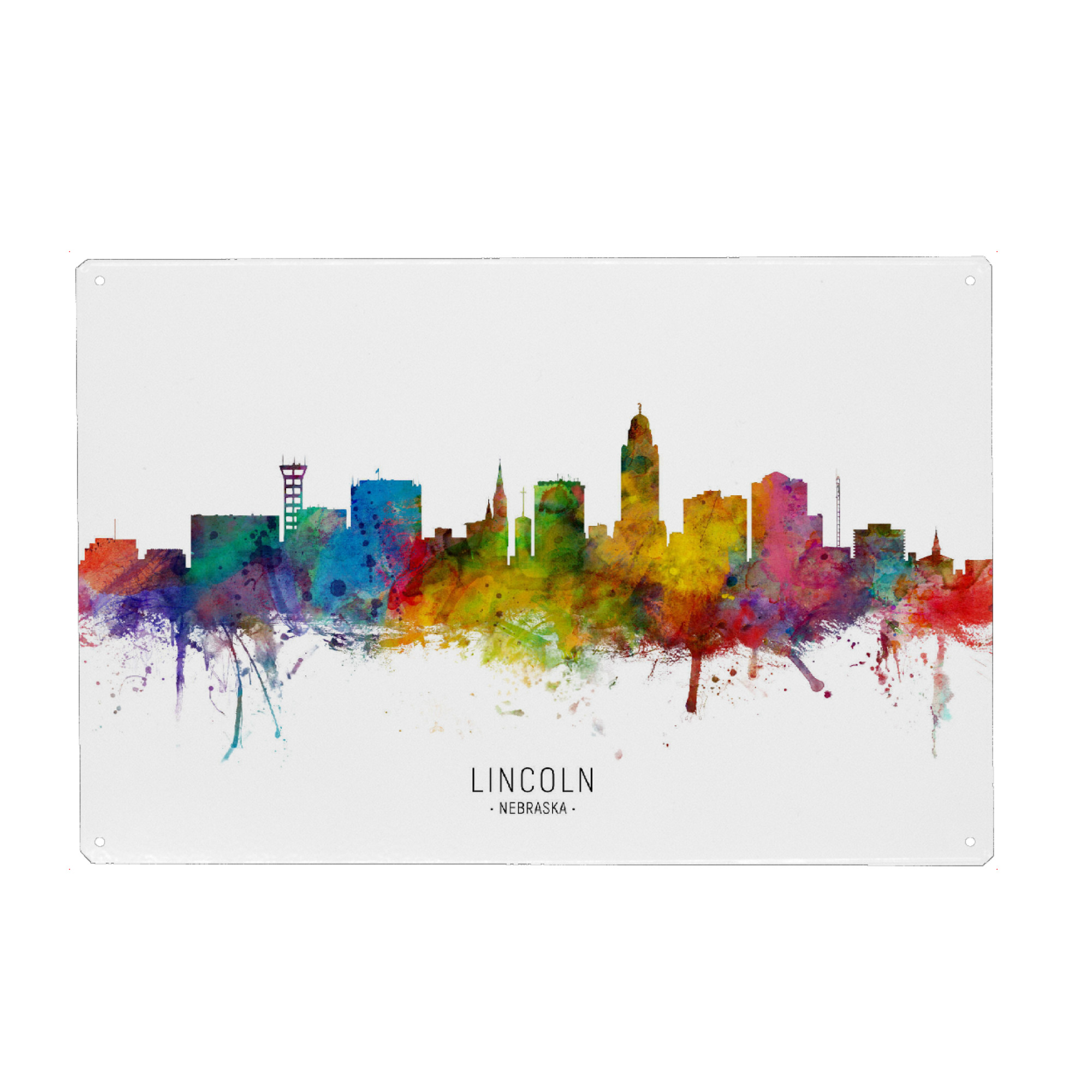 Metall Poster "Lincoln Nebraska Skyline txt" artboxONE - Städte - Lincoln,Nebraska,Skyline,Cityscape,Stadtbild,Watercolor,Painting - Blechschild