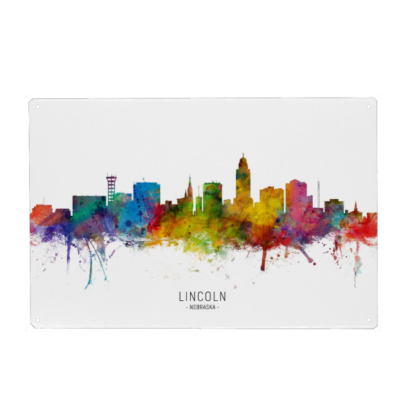 Metall Poster "Lincoln Nebraska Skyline txt" artboxONE - Städte - Lincoln,Nebraska,Skyline,Cityscape,Stadtbild,Watercolor,Painting - Blechschild