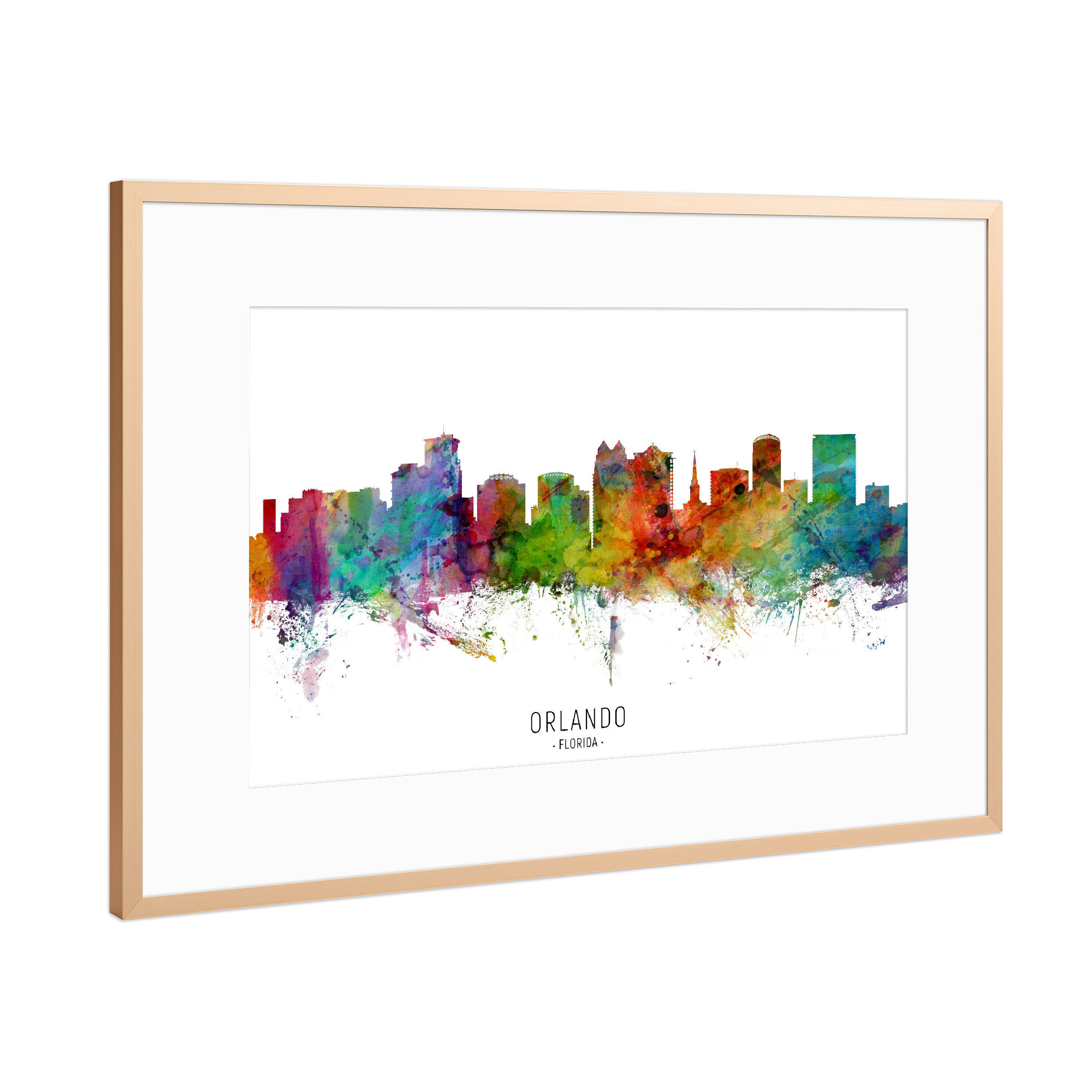 Poster mit Rahmen Kupfer "Orlando Florida Skyline txt" artboxONE - Städte - Orlando,Florida,Skyline,Cityscape,Stadtbild,Watercolor,Painting