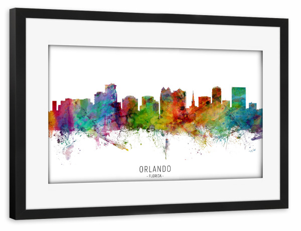 Poster mit Rahmen schwarz "Orlando Florida Skyline txt" artboxONE - Städte - Orlando,Florida,Skyline,Cityscape,Stadtbild,Watercolor,Painting