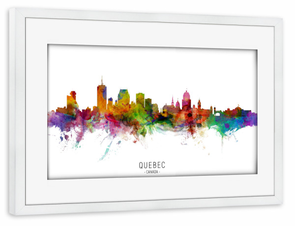 Poster mit Rahmen weiß "Quebec Canada Skyline txt" artboxONE - Städte - Quebec,Canada,Skyline,Cityscape,Stadtbild,Watercolor,Painting