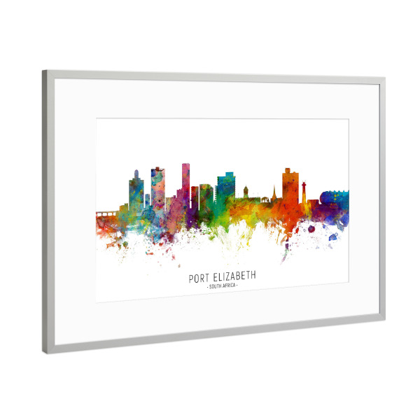 Poster mit Rahmen Silber "Port Elizabeth Skyline txt" artboxONE - Städte - Port elizabeth,South africa,Skyline,Cityscape,Stadtbild,Watercolor,Painting