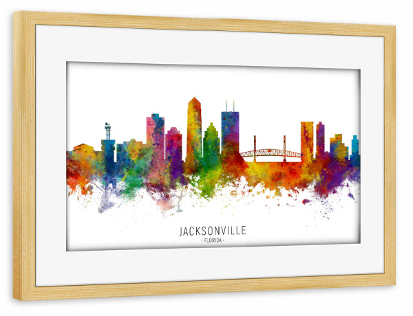 Poster mit Rahmen kiefer "Jacksonville Florida Skyline txt" artboxONE - Städte - Jacksonville,Florida,Skyline,Cityscape,Stadtbild,Watercolor,Painting
