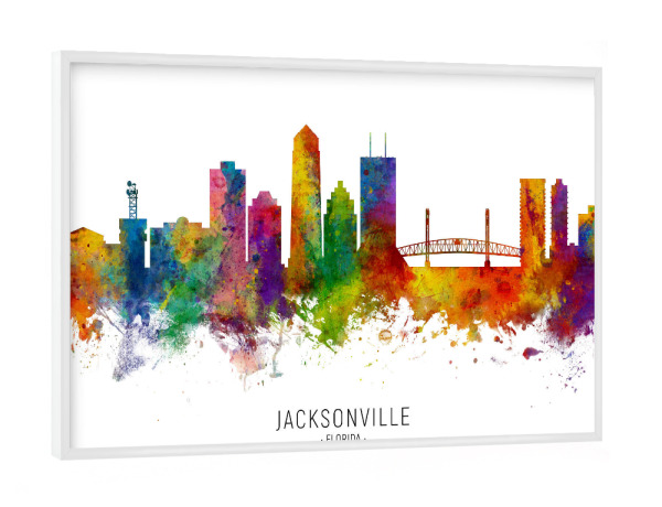 Poster mit weißem Rahmen "Jacksonville Florida Skyline txt" artboxONE - Städte - Jacksonville,Florida,Skyline,Cityscape,Stadtbild,Watercolor,Painting