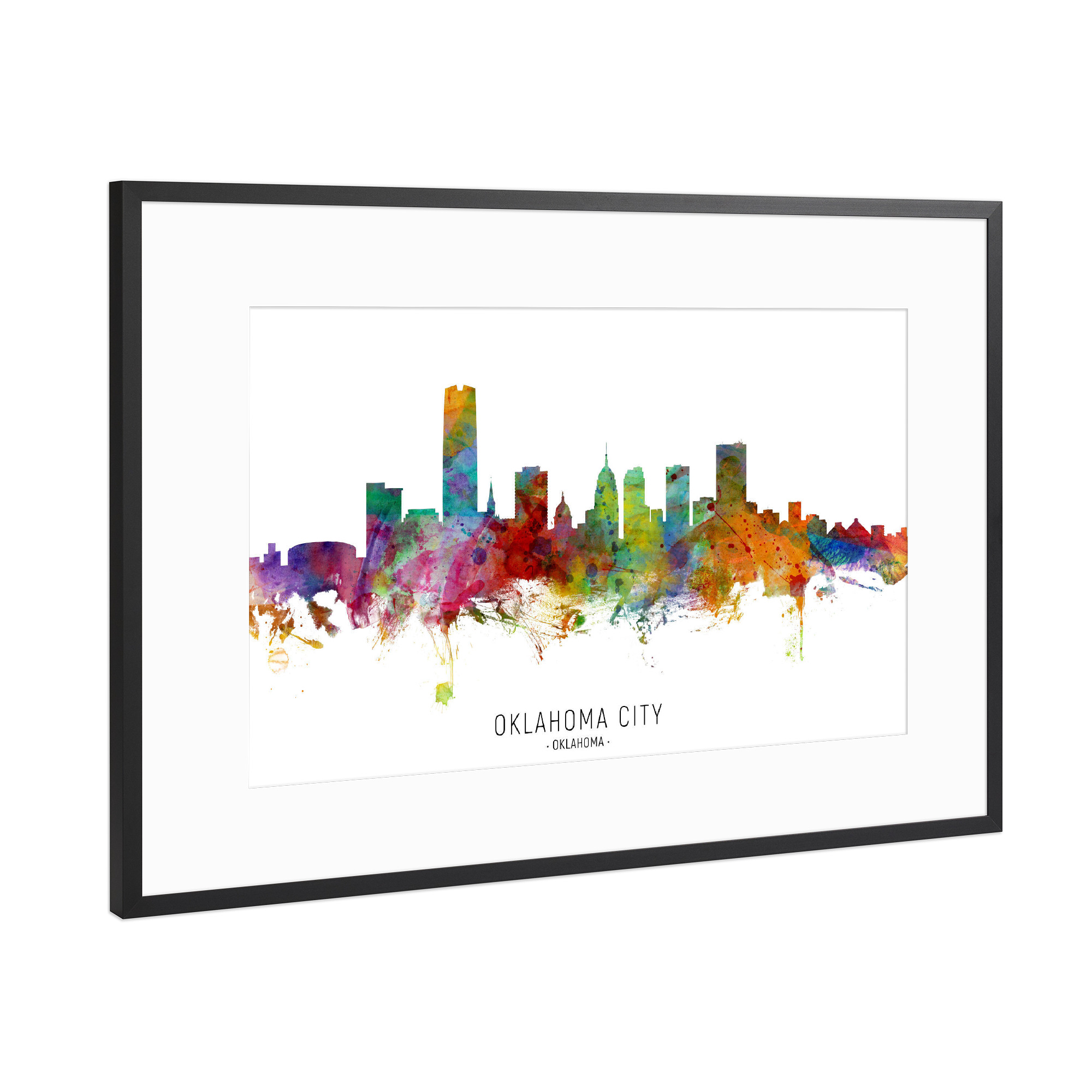 Poster mit Rahmen Schwarz (Metallic) "Oklahoma City Skyline txt" artboxONE - Städte