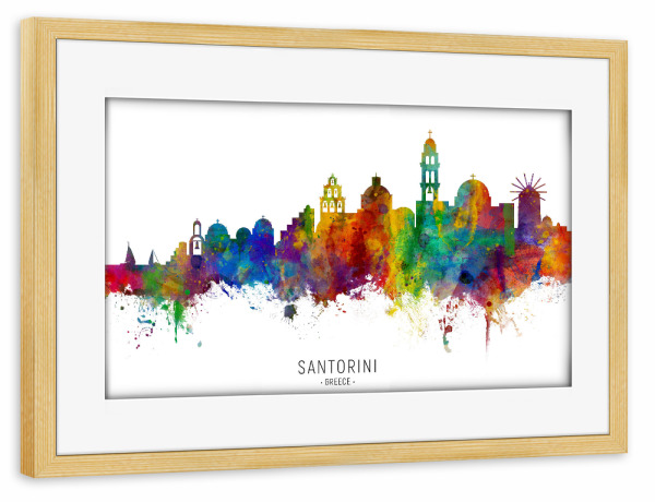 Poster mit Rahmen kiefer "Santorini Skyline txt" artboxONE - Städte - Santorini,Greece,Skyline,Cityscape,Stadtbild,Watercolor,Painting