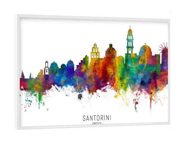 Poster mit weißem Rahmen "Santorini Skyline txt" artboxONE - Städte - Santorini,Greece,Skyline,Cityscape,Stadtbild,Watercolor,Painting
