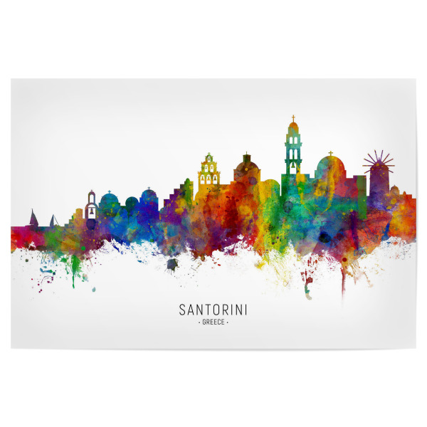 Poster "Santorini Skyline txt" artboxONE - Städte - Santorini,Greece,Skyline,Cityscape,Stadtbild,Watercolor,Painting