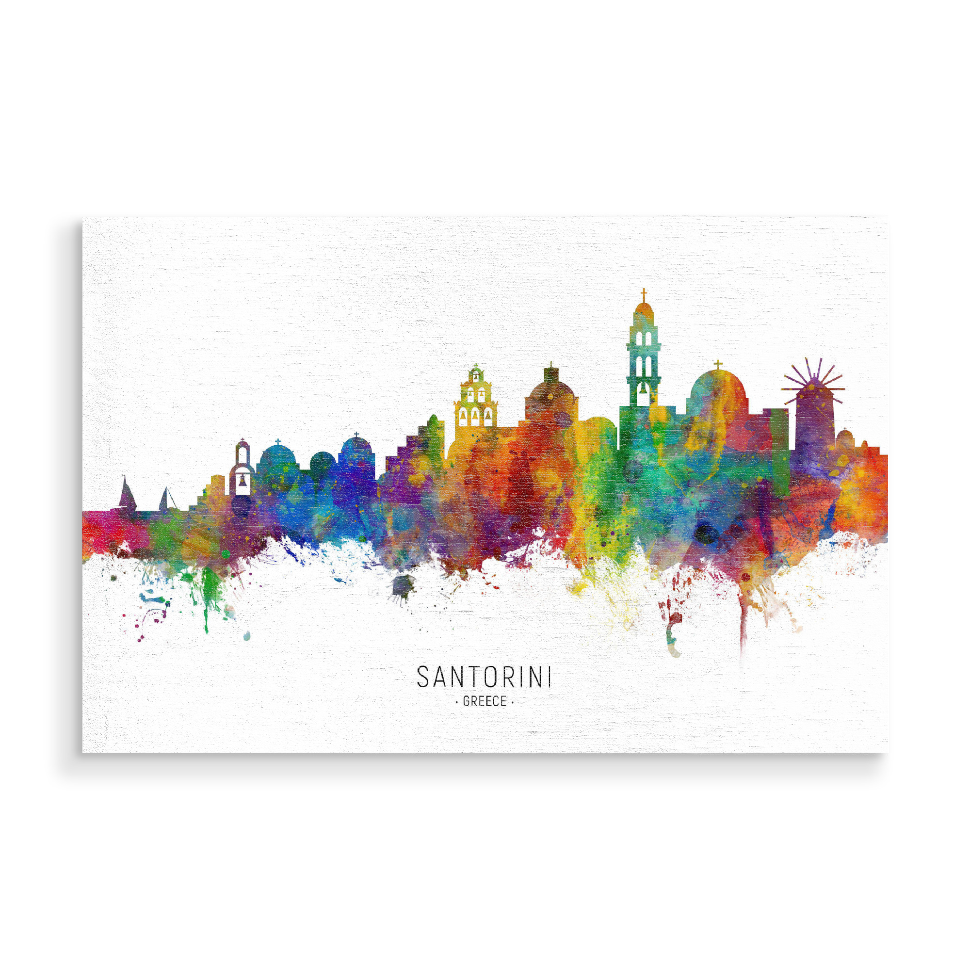 Holzbild "Santorini Skyline txt" artboxONE - Städte - Santorini,Greece,Skyline,Cityscape,Stadtbild,Watercolor,Painting