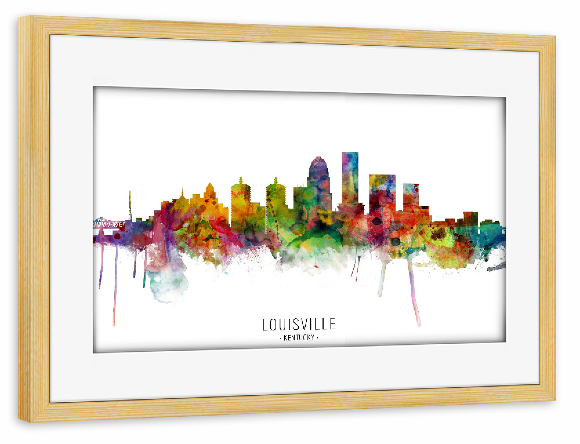 Poster mit Rahmen kiefer "Louisville Kentucky Skyline txt" artboxONE - Städte - Louisville,Kentucky,Skyline,Cityscape,Stadtbild,Watercolor,Painting
