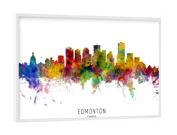 Poster mit weißem Rahmen "Edmonton Canada Skyline txt" artboxONE - Städte - Edmonton,Canada,Skyline,Cityscape,Stadtbild,Watercolor,Painting