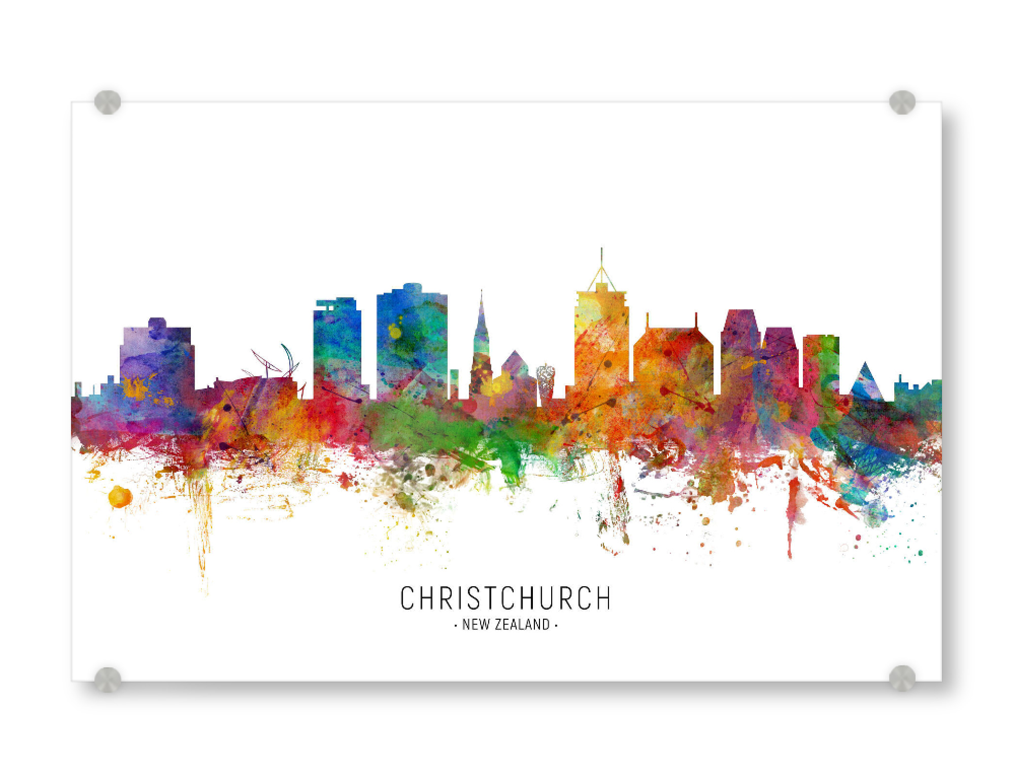 Acrylglasbild "Christchurch NZ Skyline txt" artboxONE - Städte - Christchurch,New zealand,Skyline,Cityscape,Stadtbild,Watercolor,Painting
