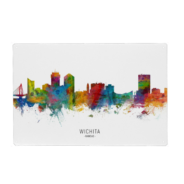 Holzbild "Wichita Kansas Skyline txt" artboxONE - Städte - Wichita,Kansas,Skyline,Cityscape,Stadtbild,Watercolor,Painting