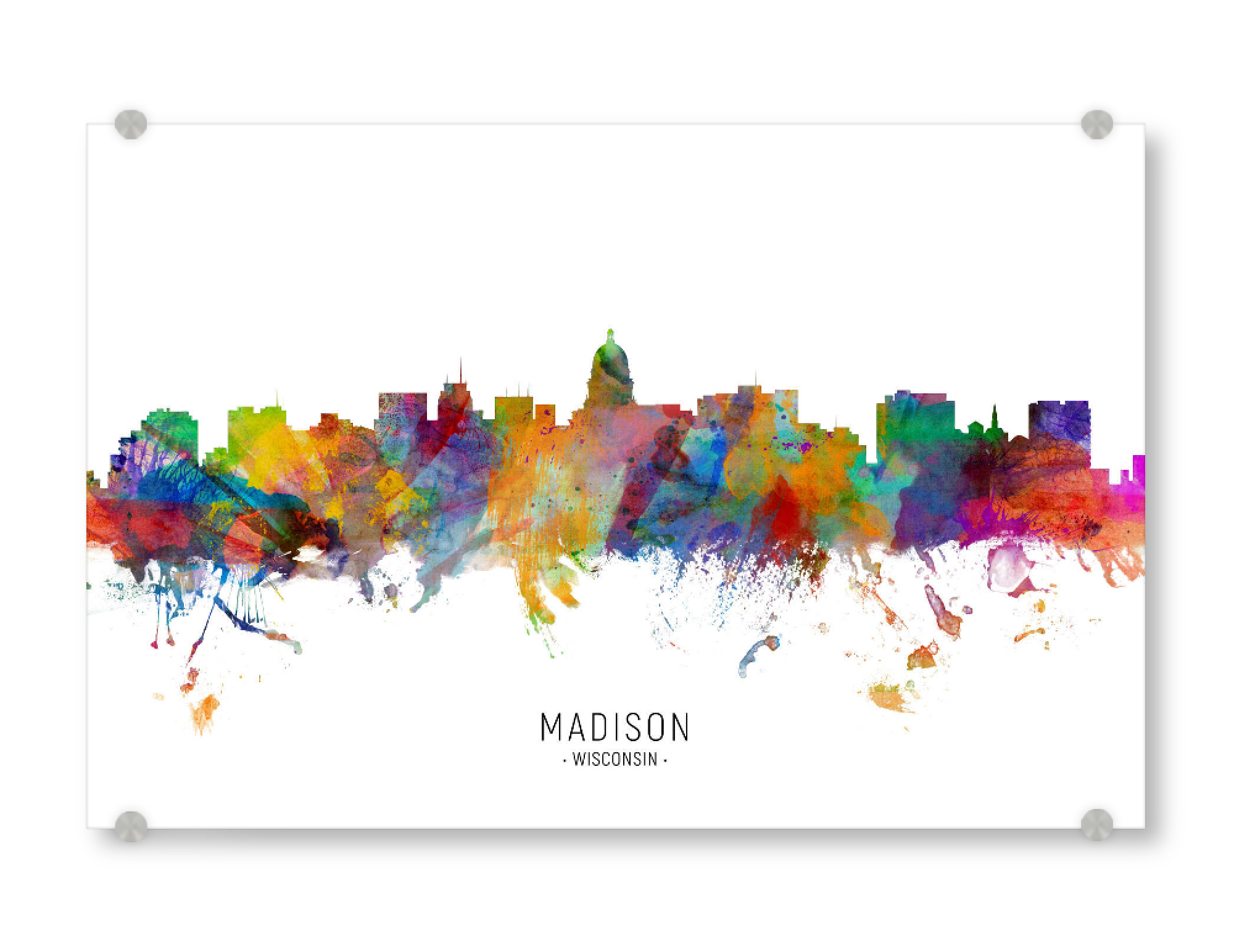 Acrylglasbild "Madison Wisconsin Skyline txt" artboxONE - Städte - Madison,Wisconsin,Skyline,Cityscape,Stadtbild,Watercolor,Painting