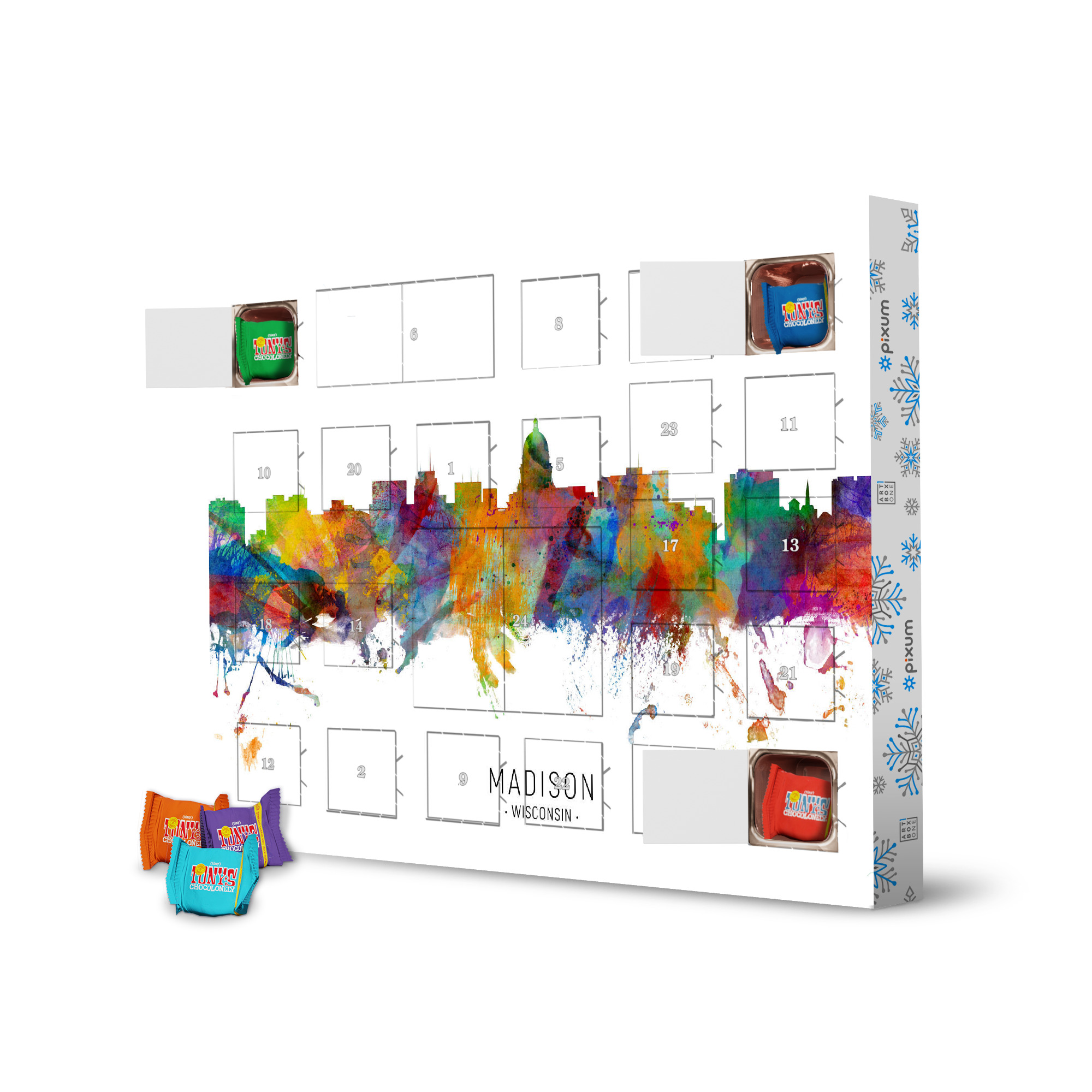 Adventskalender mit Tony's Chocolonely Madison Wisconsin Skyline txt artboxONE Adventskalender Städte