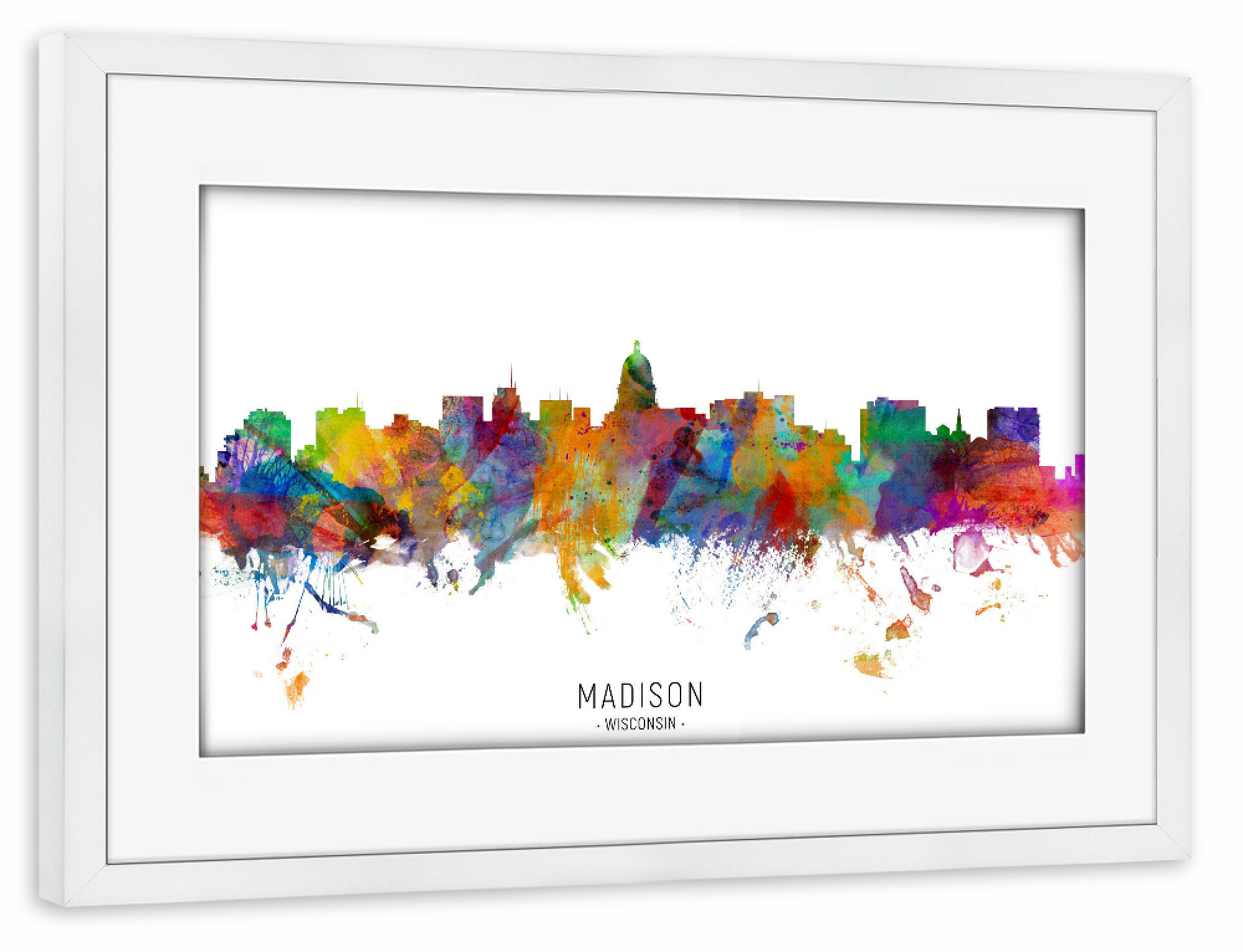 Poster mit Rahmen weiß "Madison Wisconsin Skyline txt" artboxONE - Städte - Madison,Wisconsin,Skyline,Cityscape,Stadtbild,Watercolor,Painting