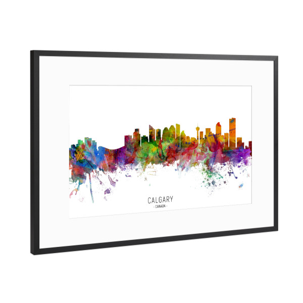 Poster mit Rahmen Schwarz (Metallic) "Calgary Canada Skyline txt" artboxONE - Städte - Calgary,Canada,Skyline,Cityscape,Stadtbild,Watercolor,Painting