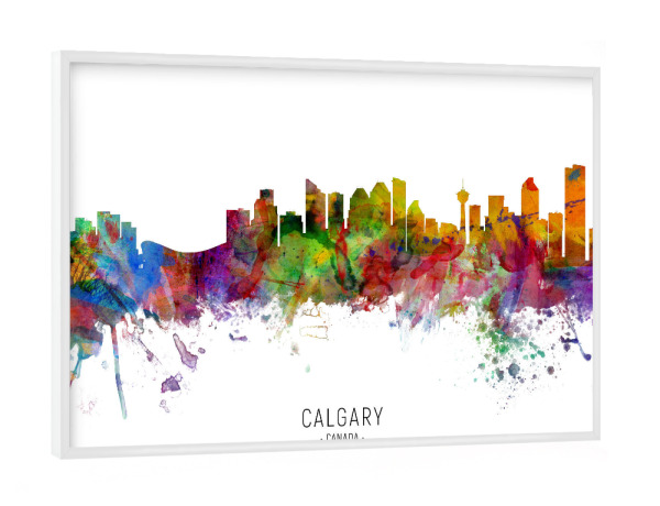 Poster mit weißem Rahmen "Calgary Canada Skyline txt" artboxONE - Städte - Calgary,Canada,Skyline,Cityscape,Stadtbild,Watercolor,Painting