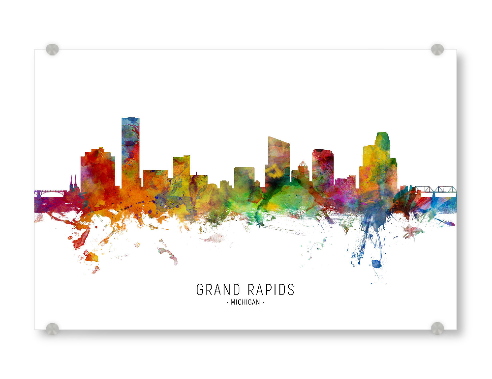 Acrylglasbild "Grand Rapids Michigan Skyline txt" artboxONE - Städte - Grand rapids,Michigan,Skyline,Cityscape,Stadtbild,Watercolor,Painting