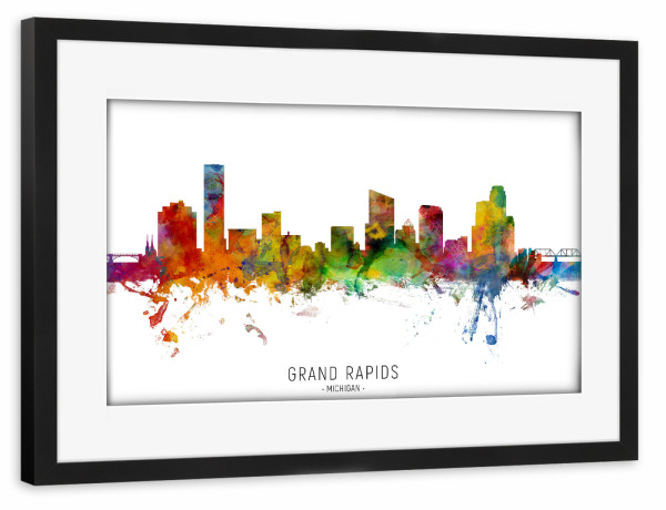 Poster mit Rahmen schwarz "Grand Rapids Michigan Skyline txt" artboxONE - Städte
