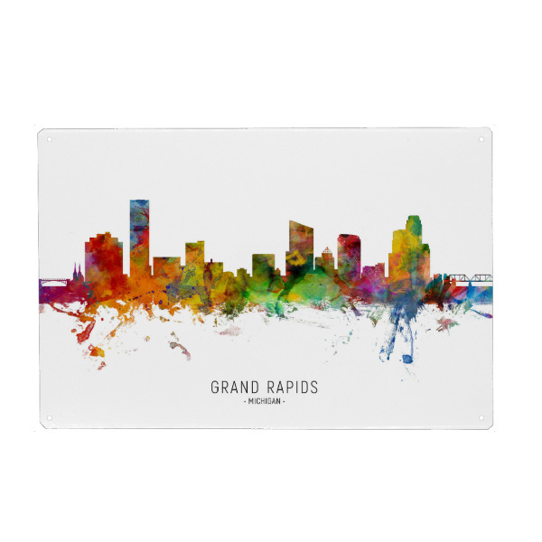 Metall Poster "Grand Rapids Michigan Skyline txt" artboxONE - Städte - Grand rapids,Michigan,Skyline,Cityscape,Stadtbild,Watercolor,Painting