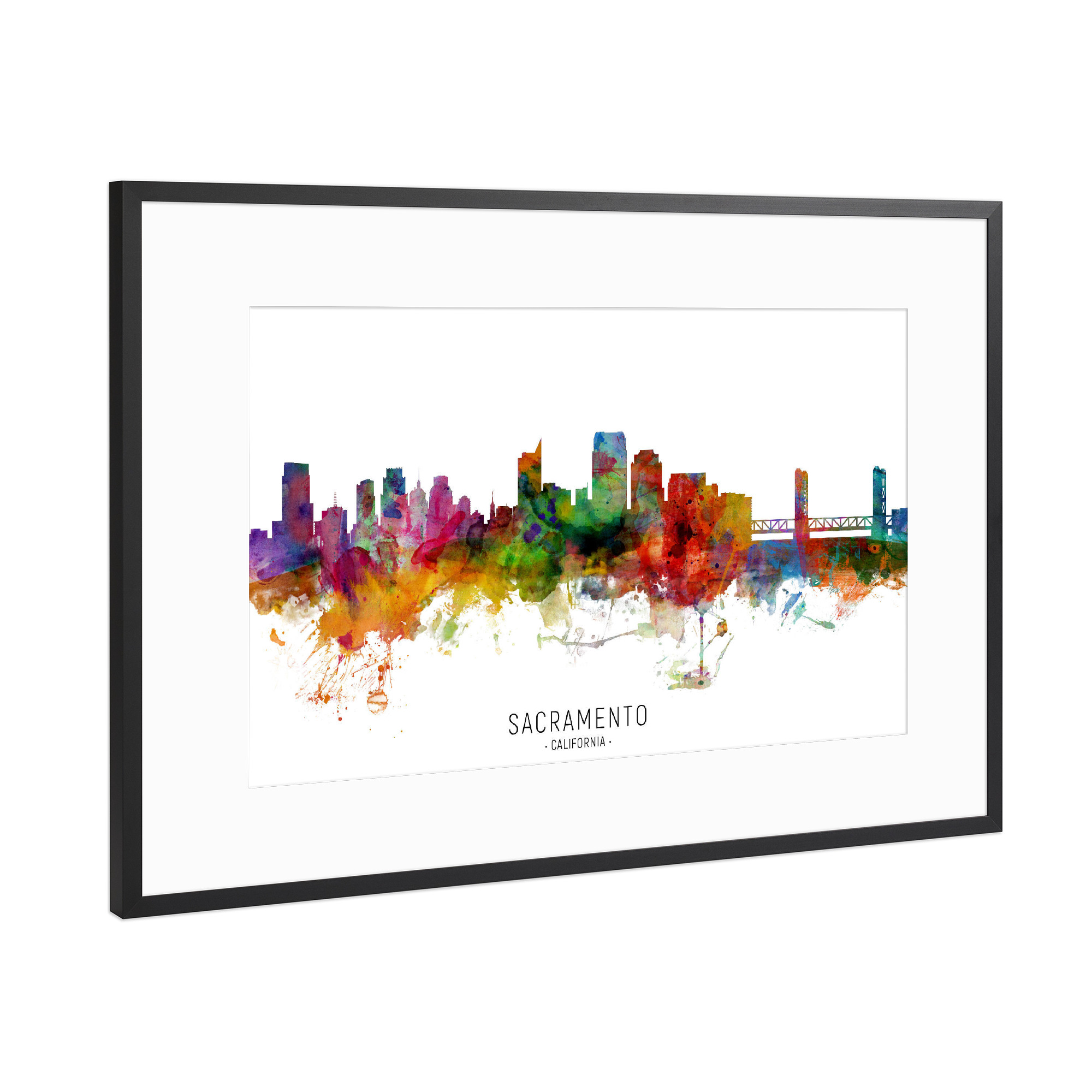 Poster mit Rahmen Schwarz (Metallic) "Sacramento California Skyline txt" artboxONE - Städte