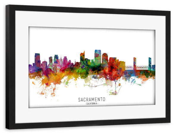 Poster mit Rahmen schwarz "Sacramento California Skyline txt" artboxONE - Städte