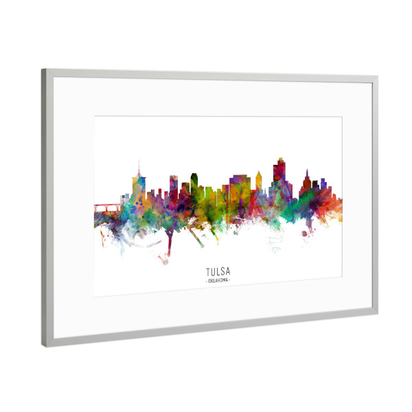 Poster mit Rahmen Silber "Tulsa Oklahoma Skyline txt" artboxONE - Städte - Tulsa,Oklahoma,Skyline,Cityscape,Stadtbild,Watercolor,Painting
