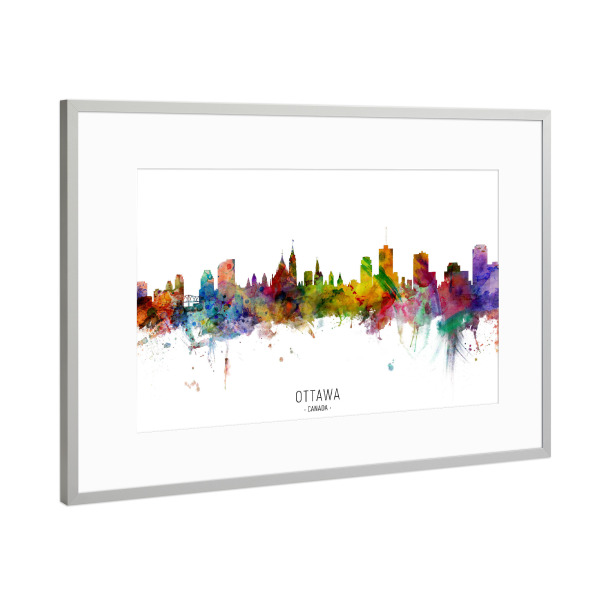 Poster mit Rahmen Silber "Ottawa Canada Skyline txt" artboxONE - Städte - Ottawa,Canada,Skyline,Cityscape,Stadtbild,Watercolor,Painting