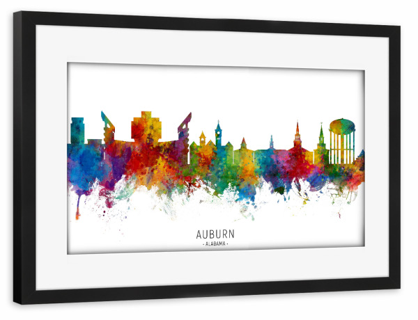Poster mit Rahmen schwarz "Auburn Alabama Skyline txt" artboxONE - Städte - Auburn,Alabama,Skyline,Cityscape,Stadtbild,Watercolor,Painting