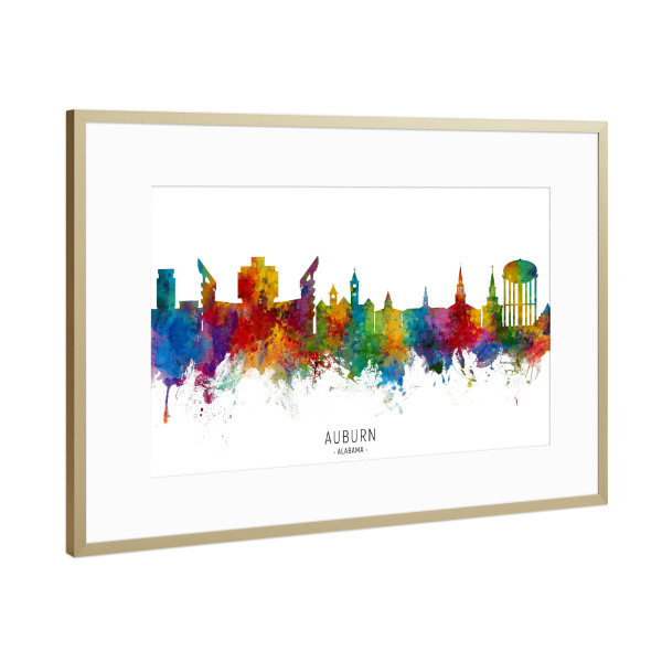 Poster mit Rahmen Gold "Auburn Alabama Skyline txt" artboxONE - Städte - Auburn,Alabama,Skyline,Cityscape,Stadtbild,Watercolor,Painting