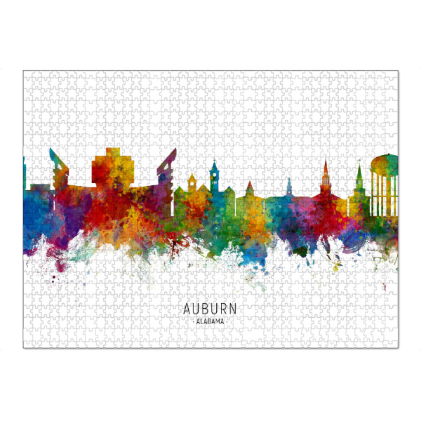 Puzzle Ravensburger "Auburn Alabama Skyline txt" artboxONE - Städte - Auburn,Alabama,Skyline,Cityscape,Stadtbild,Watercolor,Painting - Bild auburn
