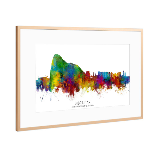 Poster mit Rahmen Kupfer "Gibraltar Skyline txt" artboxONE - Städte - Gibraltar,Skyline,Cityscape,Stadtbild,Watercolor,Painting