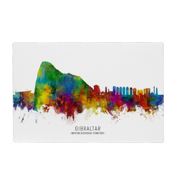 Holzbild "Gibraltar Skyline txt" artboxONE - Städte - Gibraltar,Skyline,Cityscape,Stadtbild,Watercolor,Painting