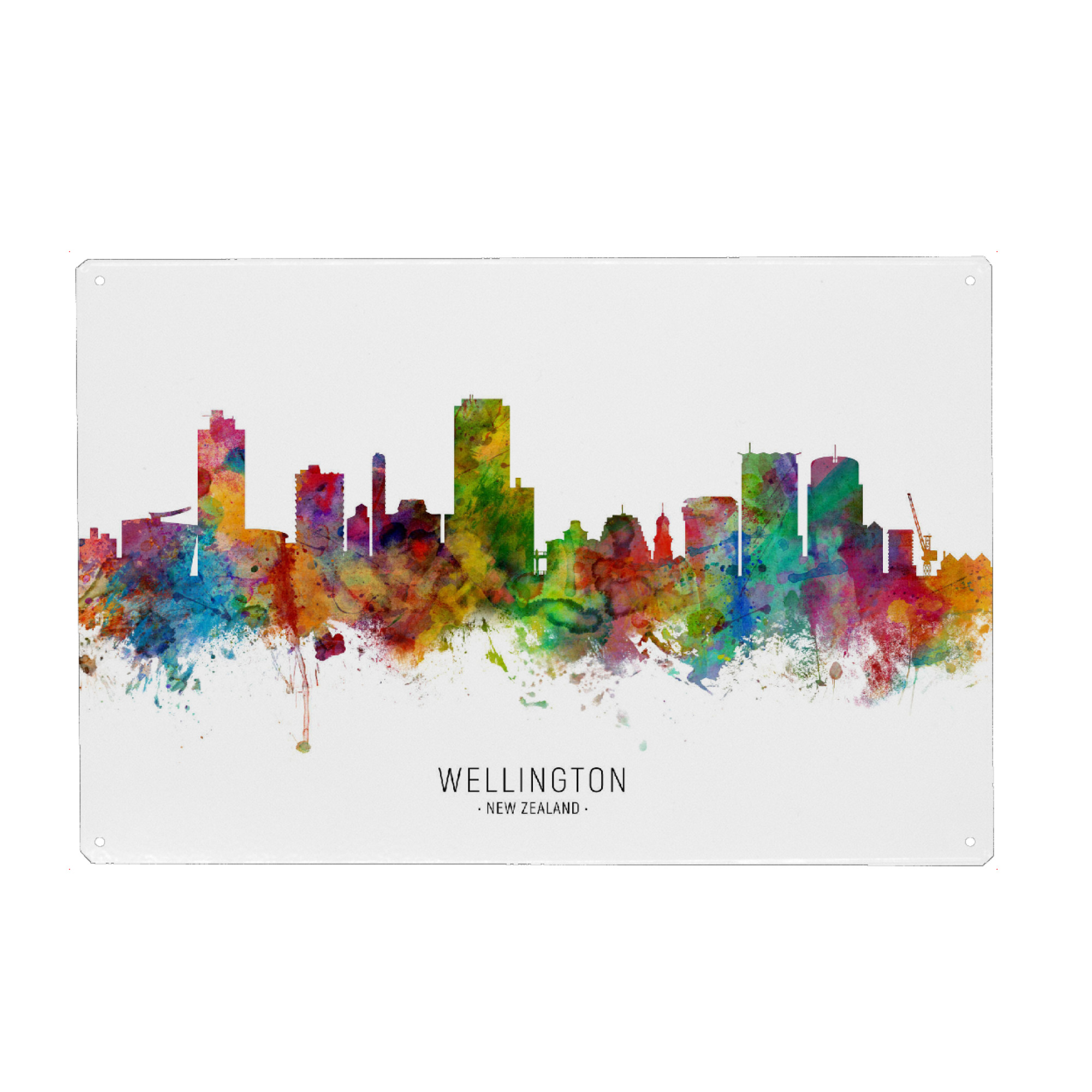 Holzbild "Wellington New Zealand Skyline txt" artboxONE - Städte - Wellington,New zealand,Skyline,Cityscape,Stadtbild,Watercolor,Painting