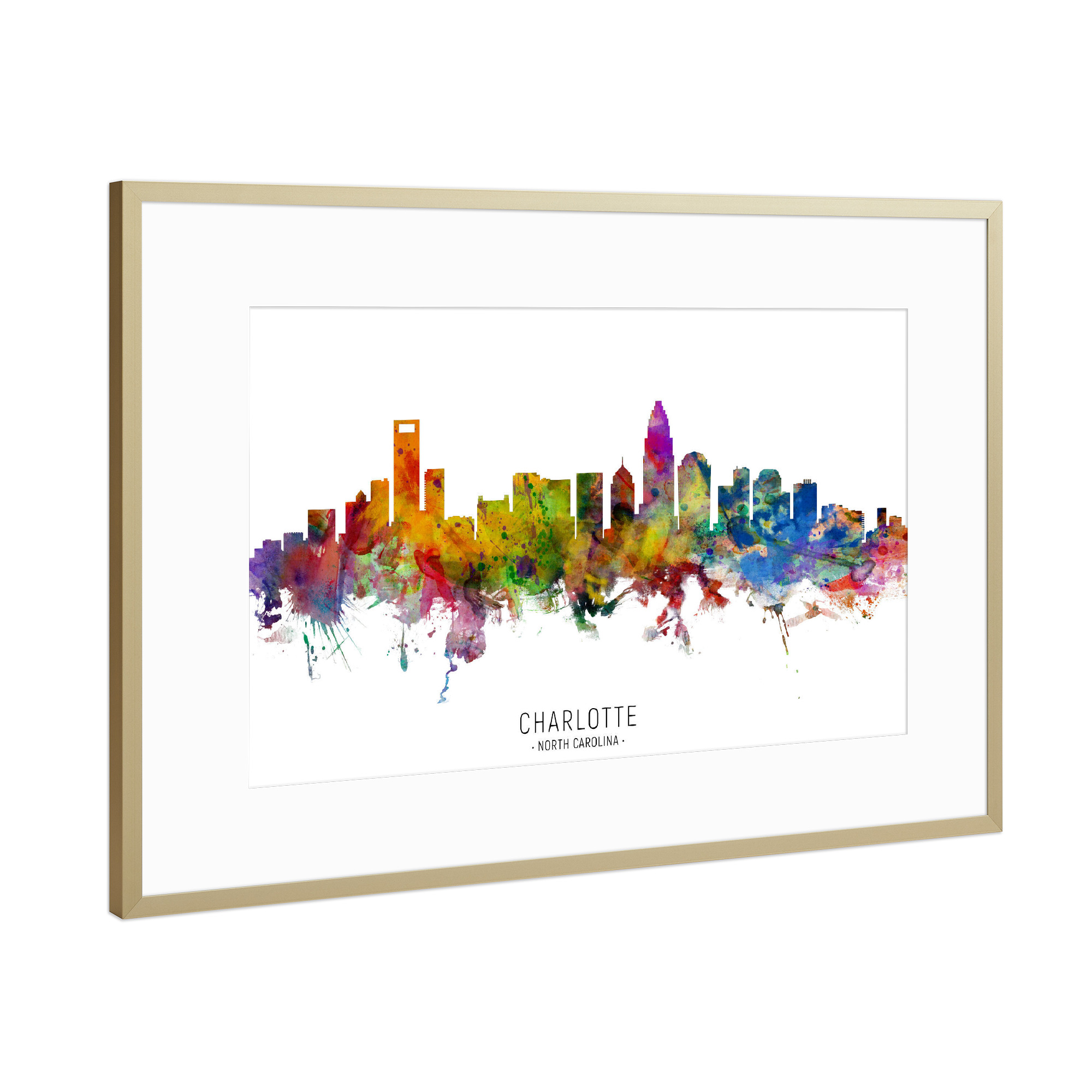 Poster mit Rahmen Gold "Charlotte NC Skyline txt" artboxONE - Städte - Charlotte,North carolina,Skyline,Cityscape,Stadtbild,Watercolor,Painting