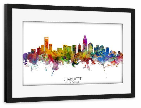 Poster mit Rahmen schwarz "Charlotte NC Skyline txt" artboxONE - Städte - Charlotte,North carolina,Skyline,Cityscape,Stadtbild,Watercolor,Painting