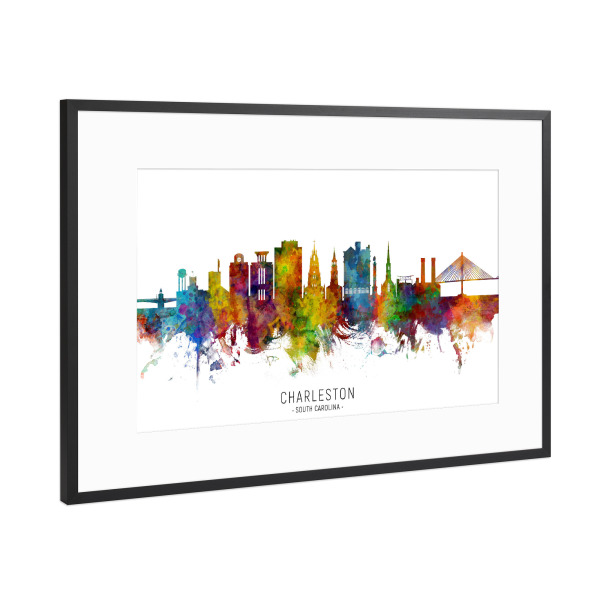 Poster mit Rahmen Schwarz (Metallic) "Charleston SC Skyline txt" artboxONE - Städte