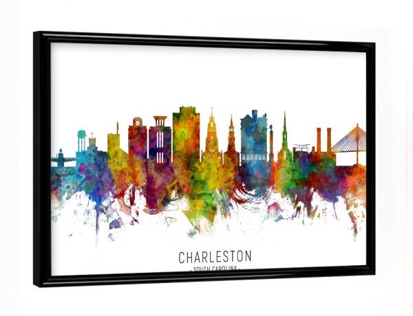 Poster mit schwarzem Rahmen "Charleston SC Skyline txt" artboxONE - Städte