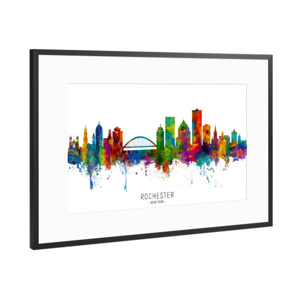 Poster mit Rahmen Schwarz (Metallic) "Rochester New York Skyline txt" artboxONE - Städte
