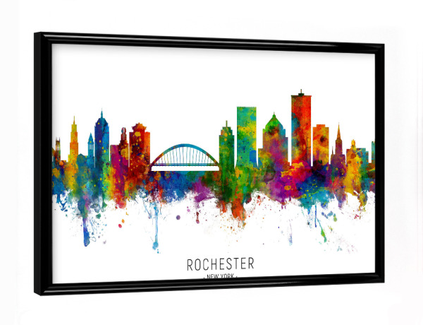 Poster mit schwarzem Rahmen "Rochester New York Skyline txt" artboxONE - Städte - Rochester,New york,Skyline,Cityscape,Stadtbild,Watercolor,Painting