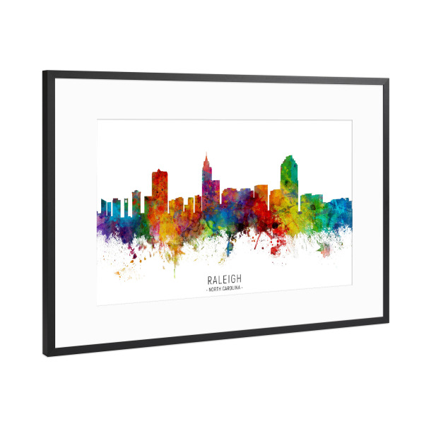 Poster mit Rahmen Schwarz (Metallic) "Raleigh North Carolina Skyline txt" artboxONE - Städte